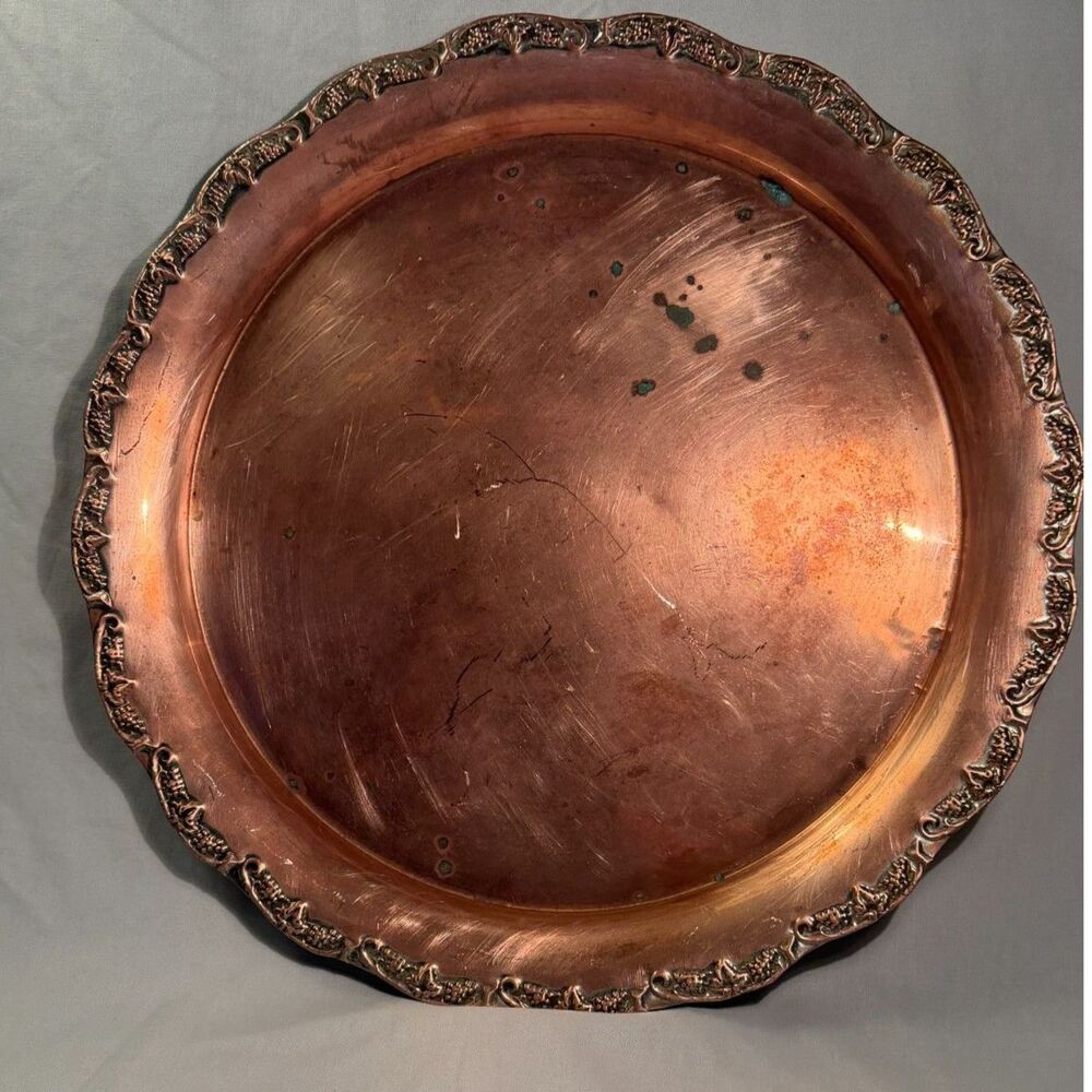Vintage Copper Round Serving Platter Tray -Ornate Scalloped Grapevine Relief Rim